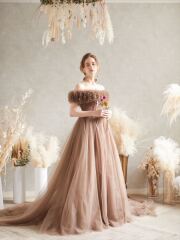 2wayオフショルダーチュールブラウンドレス