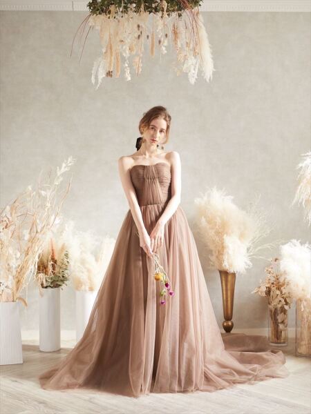 2wayオフショルダーチュールブラウンドレス