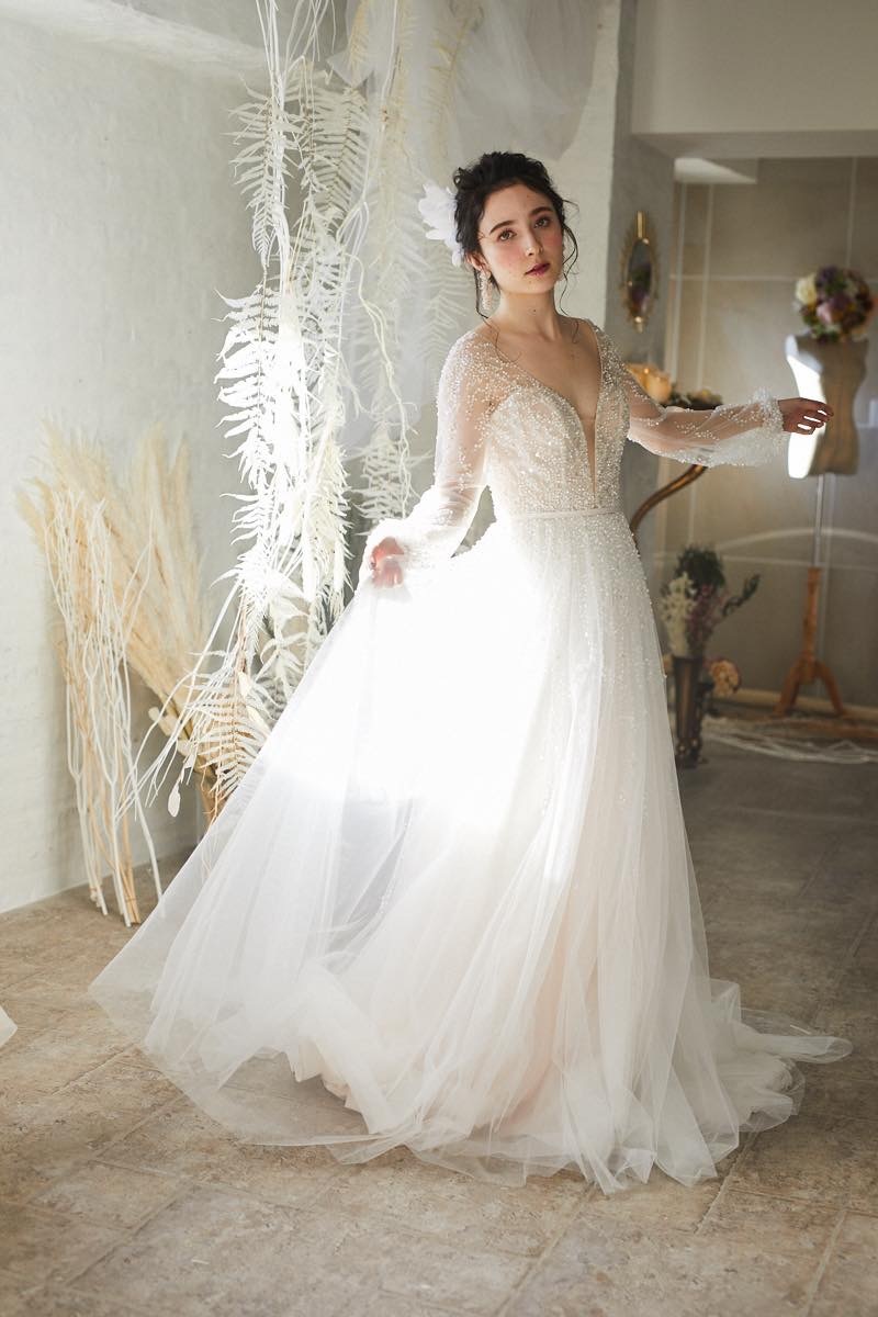 ビジューロングスリーブスレンダードレス050971