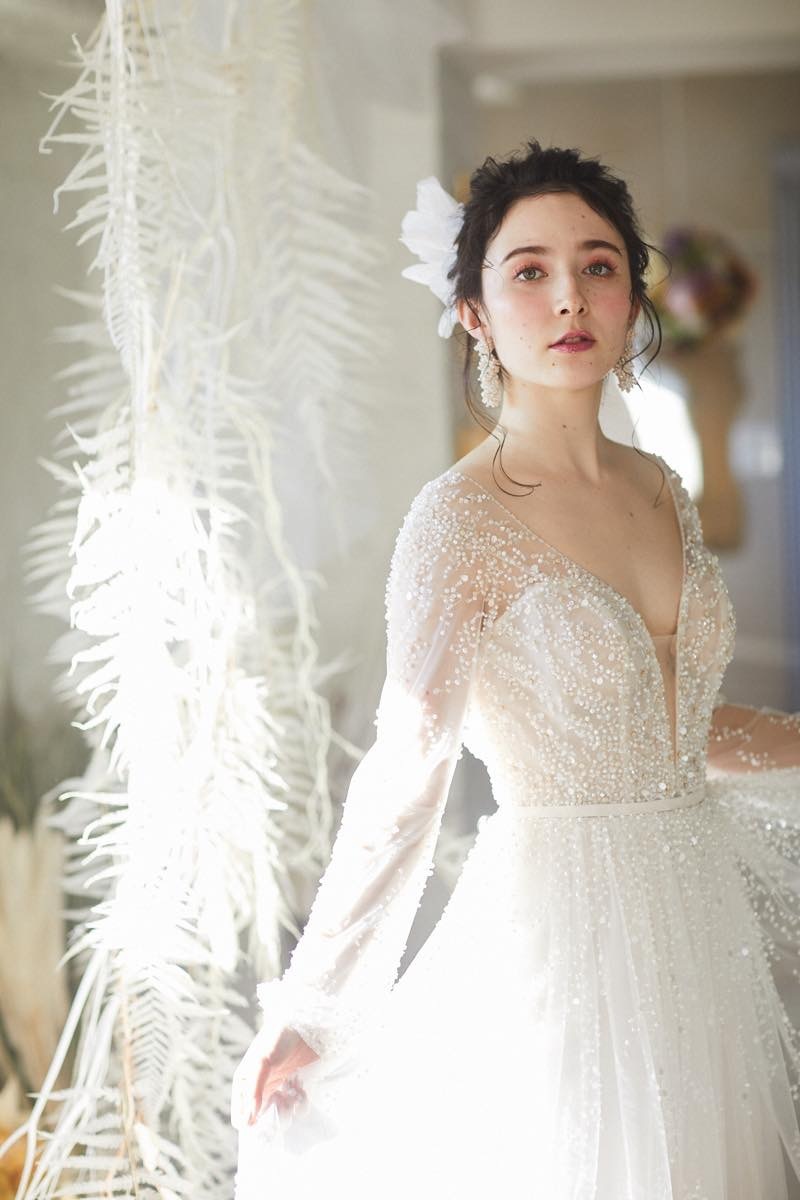 ビジューロングスリーブスレンダードレス050971