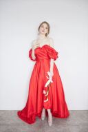 レッドミモレ丈テールスカートドレス050662