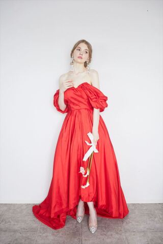 レッドミモレ丈テールスカートドレス050662