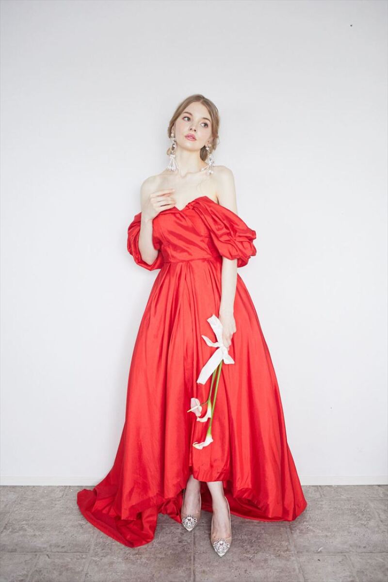 レッドミモレ丈テールスカートドレス050662