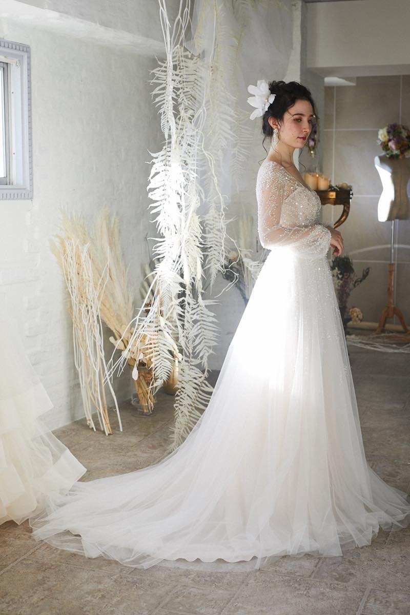 ビジューロングスリーブスレンダードレス050971