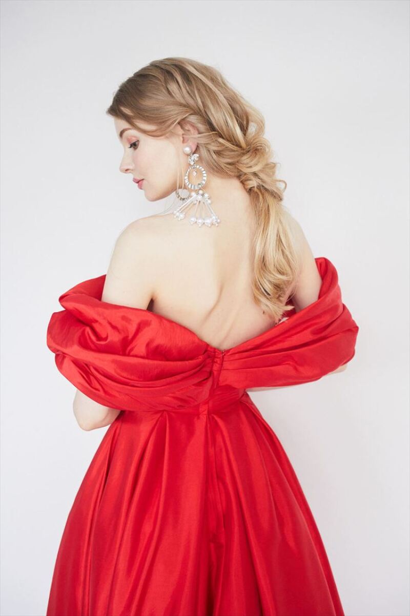 レッドミモレ丈テールスカートドレス050662