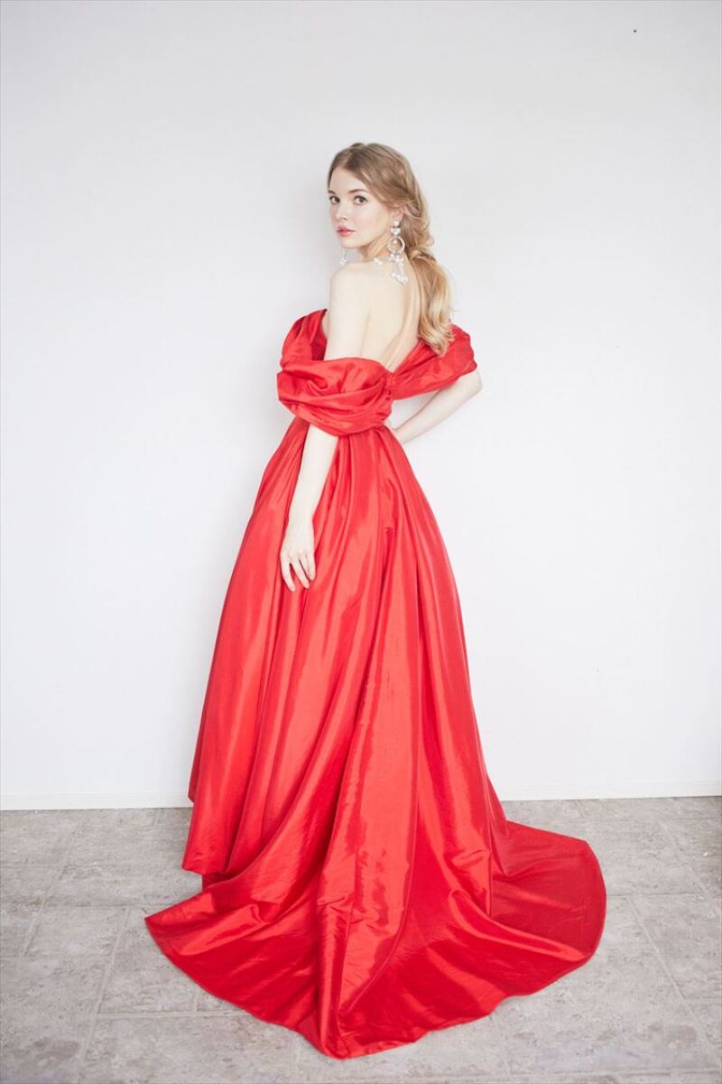 レッドミモレ丈テールスカートドレス050662