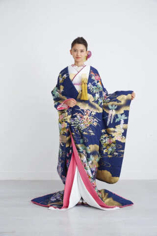 紺地四季草花文