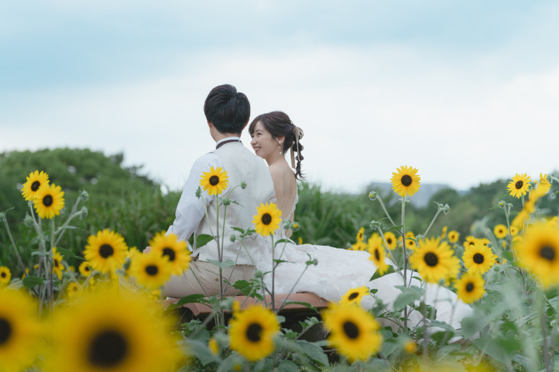 ひまわりに囲まれて。