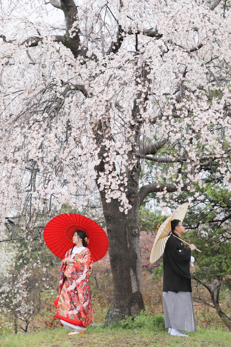 紅白傘で背中合わせ