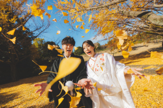 紅葉とイチョウのロケ撮影