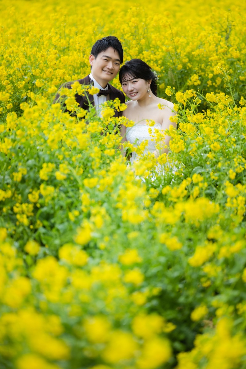 菜の花畑にパッと明るい笑顔が咲く