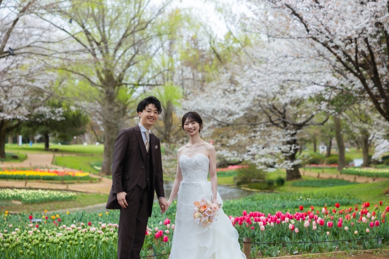 色とりどりのチューリップとともに