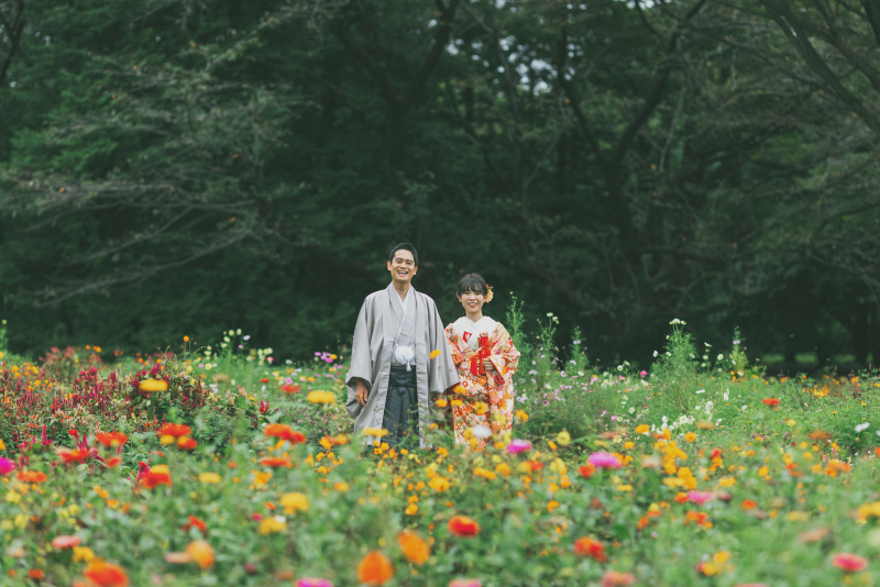 秋のお花に和装