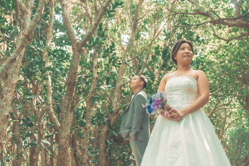 たくさんの緑に包まれてウェディングフォトの始まり