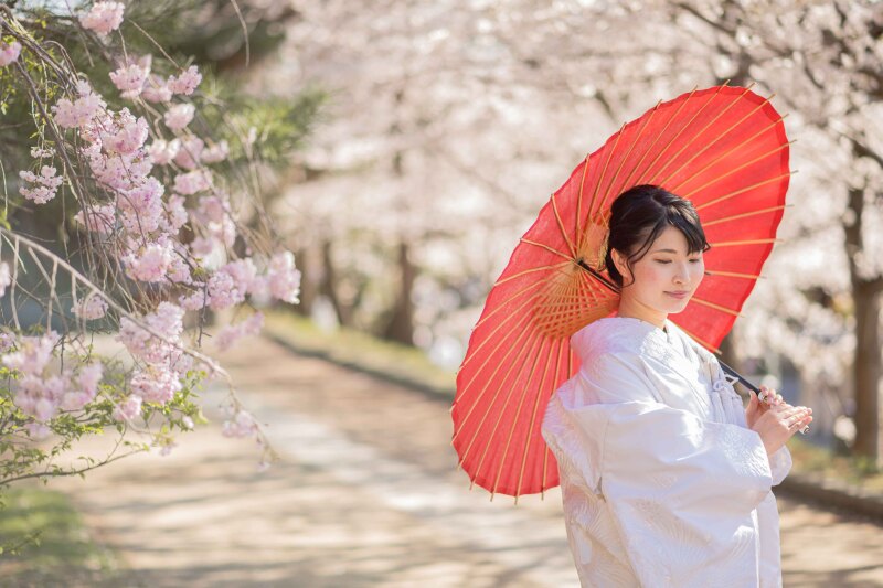 桜を背景にソロショット