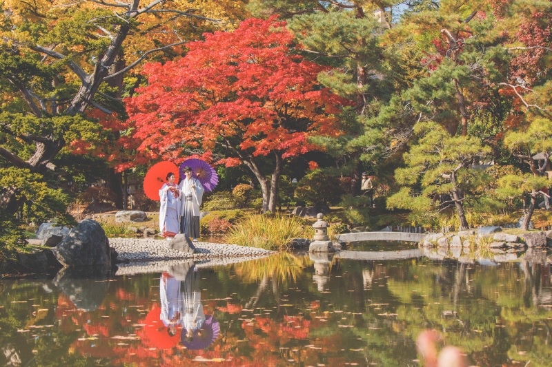 日本庭園で紅葉ロケ