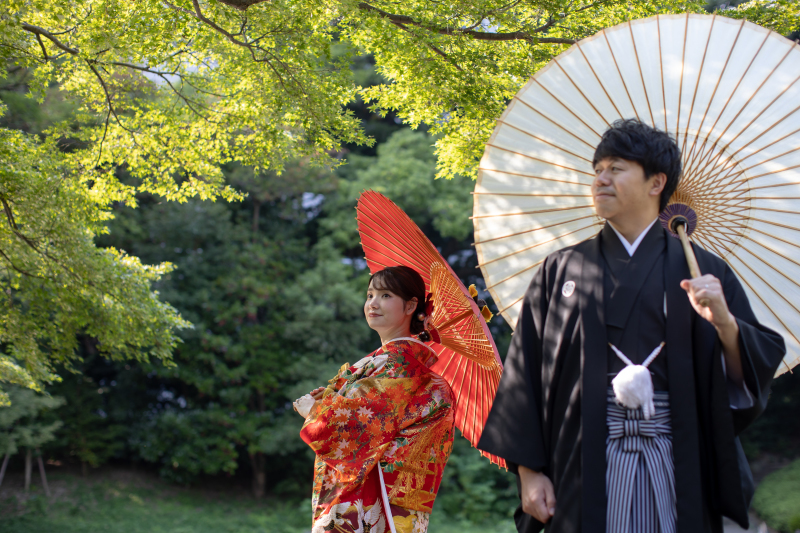 番傘を使って庭園へ