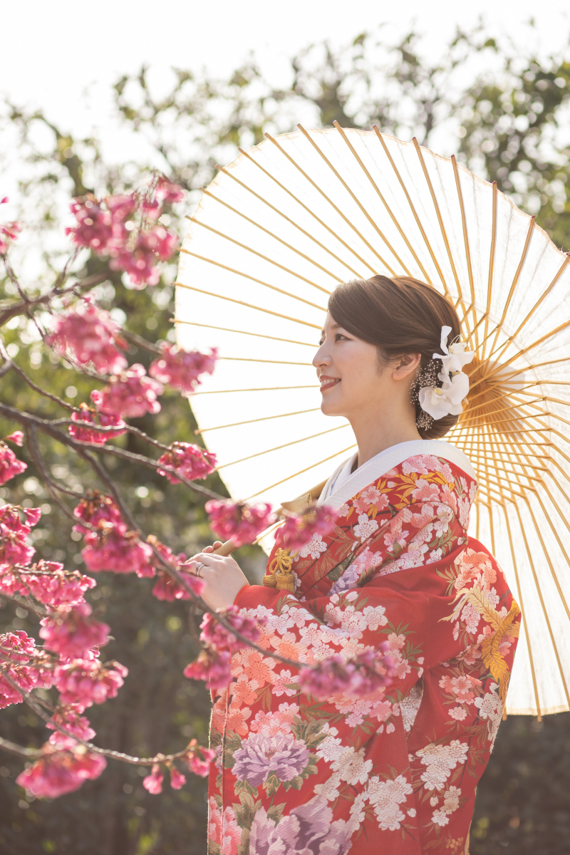 八重桜の蕾と色打掛の花柄がリンク♪