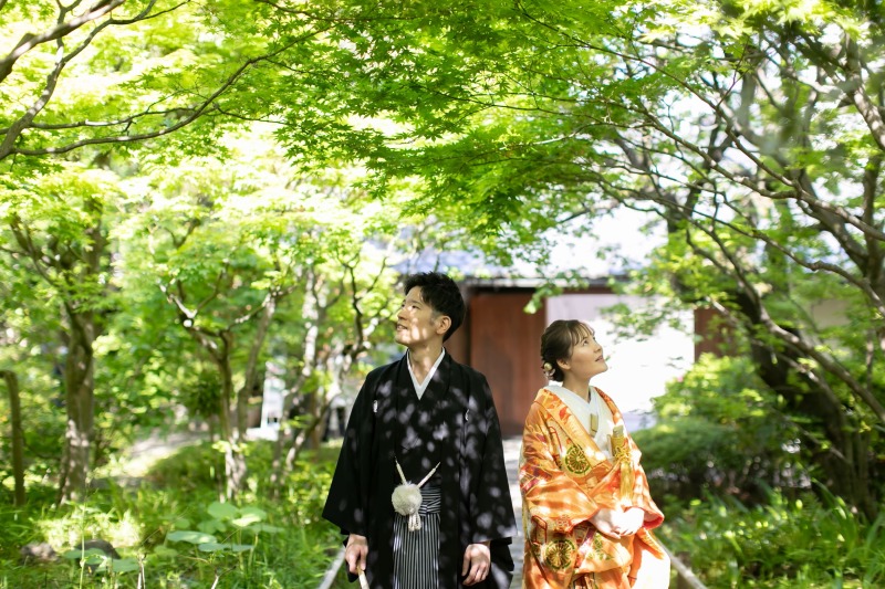 新緑と夕焼け奇麗な和装洋装撮影