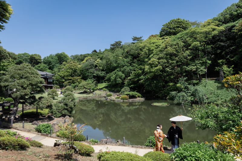 池を背景に、豊かな緑を撮影