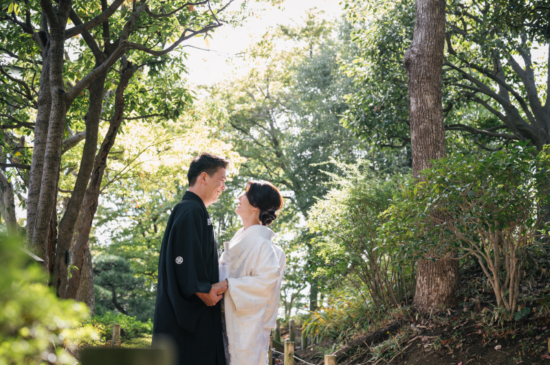 一番人気は、和装での庭園撮影→洋装での丸の内撮影！