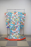 鶴に小花柄(青)