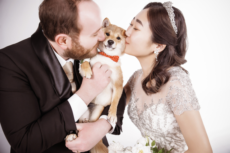 ワンちゃんを挟んで