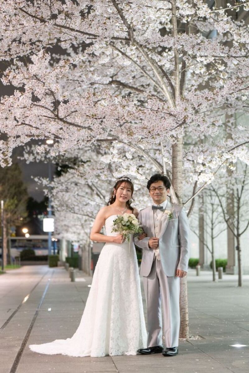 満開の桜の木の下で