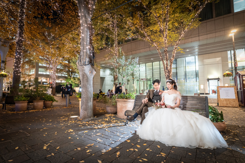 落ち葉の中のベンチ、ゆっくり座れたね