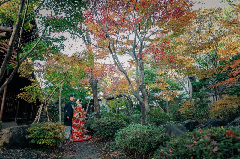 紅葉の木の下の赤い打掛