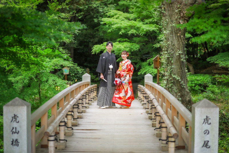 徳川園といえばこの橋、新緑を背景に