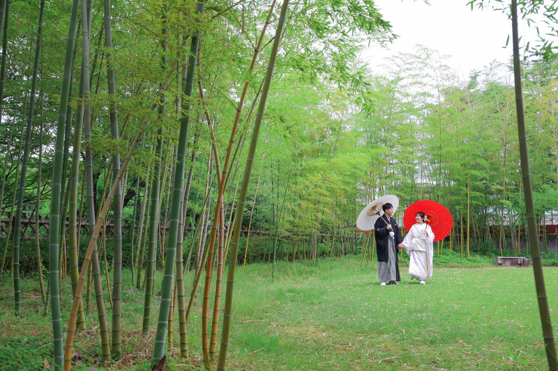 竹林の中を歩くおふたりを遠景で残す和装前撮り写真