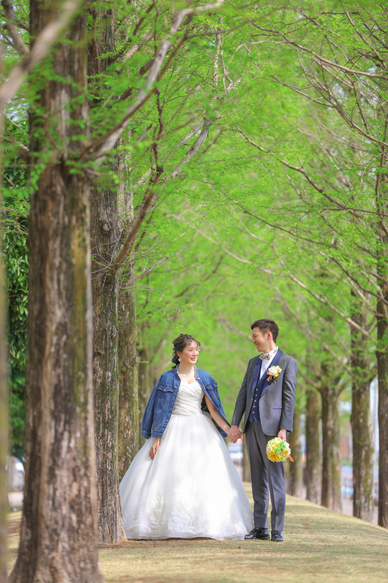 並木道でドレス撮影