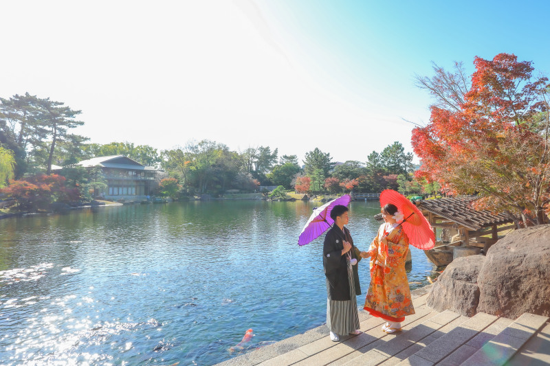 天候にも恵まれた徳川園で和装1点ロケーション撮影