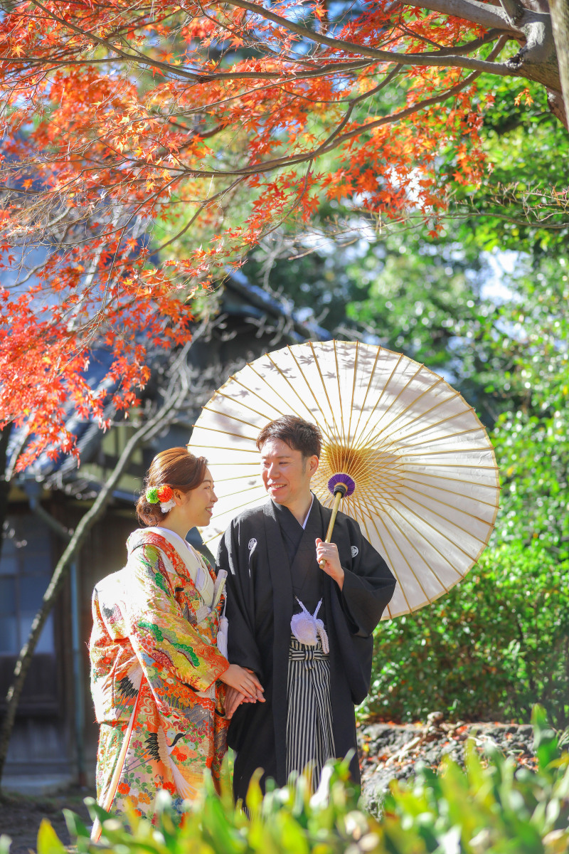 新緑と紅葉のコントラストを活かして