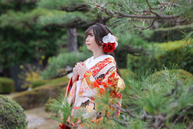 名古屋城庭園で撮る色打掛花嫁様の和装ソロショット