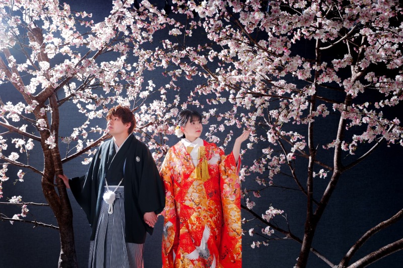 満開の桜を背景に華やかな和装姿