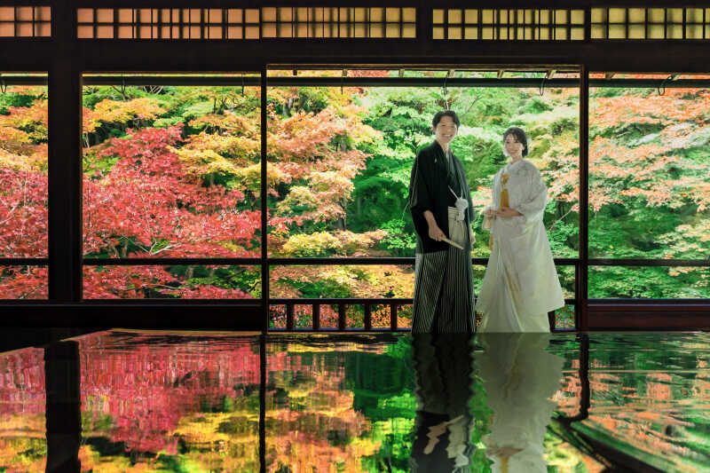 壮大な紅葉を背景に…