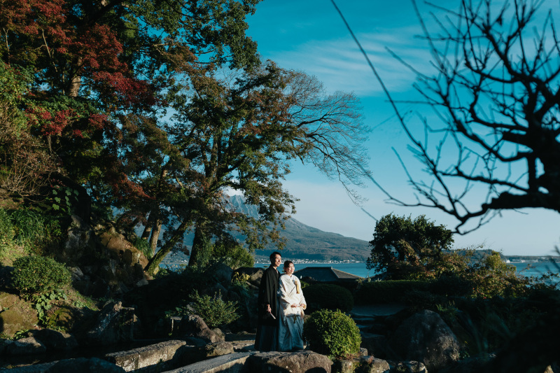 『桜島を望む仙巌園和装プラン』歴史のある庭園で残す特別な一日 データ100カット保証 鹿児島らしさを残したい方にお勧め♫