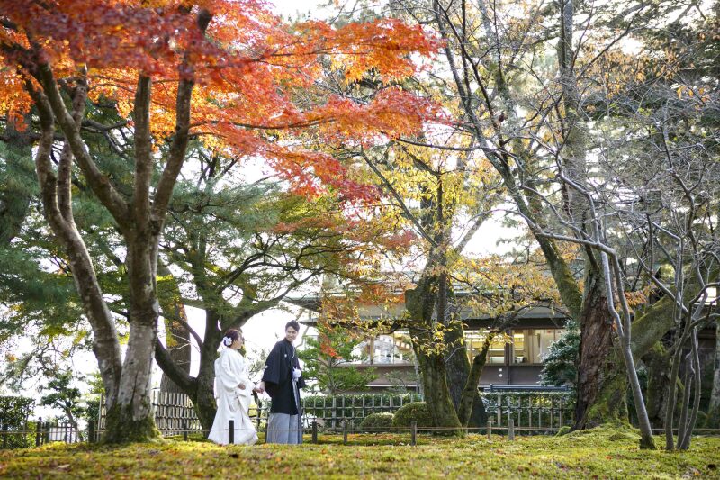 紅葉をバックに