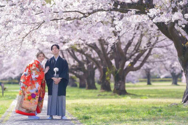 桜の前で寄り添いショット
