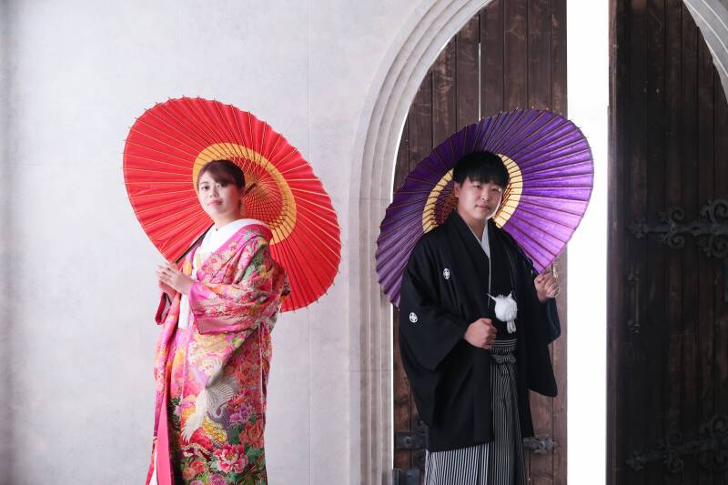 赤と紫の番傘が彩る伝統的な美しさ