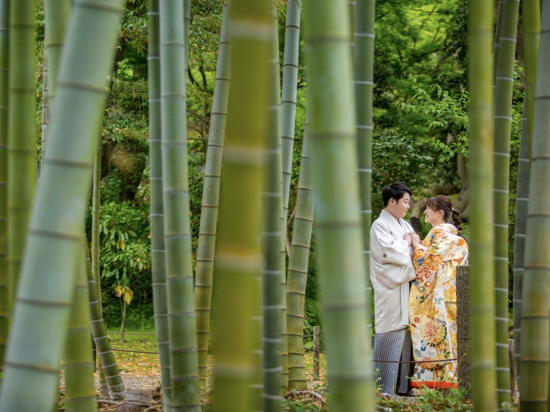 竹の間からお二人の雰囲気ショット