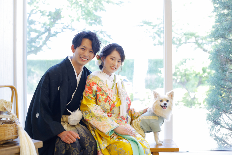 【ペットOK】和装スタジオプラン|結婚式前撮りにもおすすめ|衣装+美容+着付+撮影|家族の一員|ペットも主役