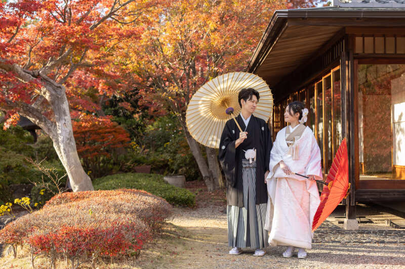 紅葉が咲き乱れる庭で