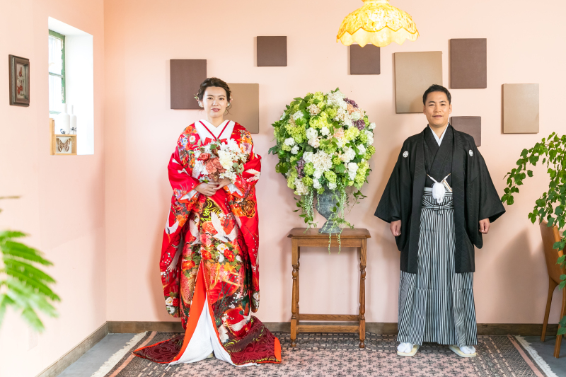 赤色のお着物で撮影スタート