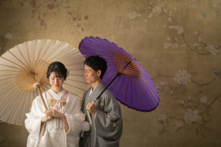 新作の紋服姿でスタジオ撮影