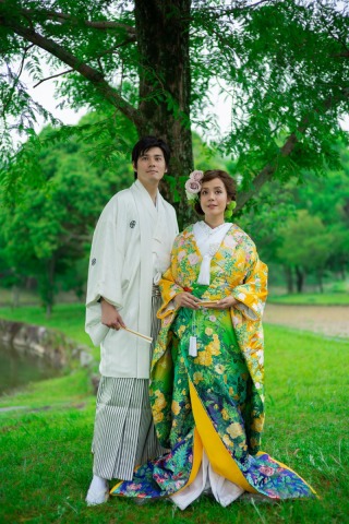 黄色×緑×青グラデーション色打掛