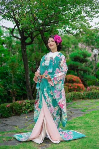 緑×ピンク　おしとやかな色打掛