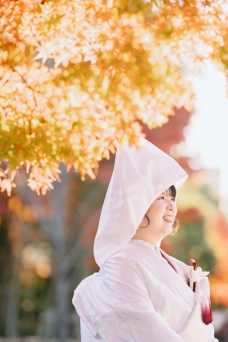 黄葉に包まれる綿帽子姿の美しい花嫁